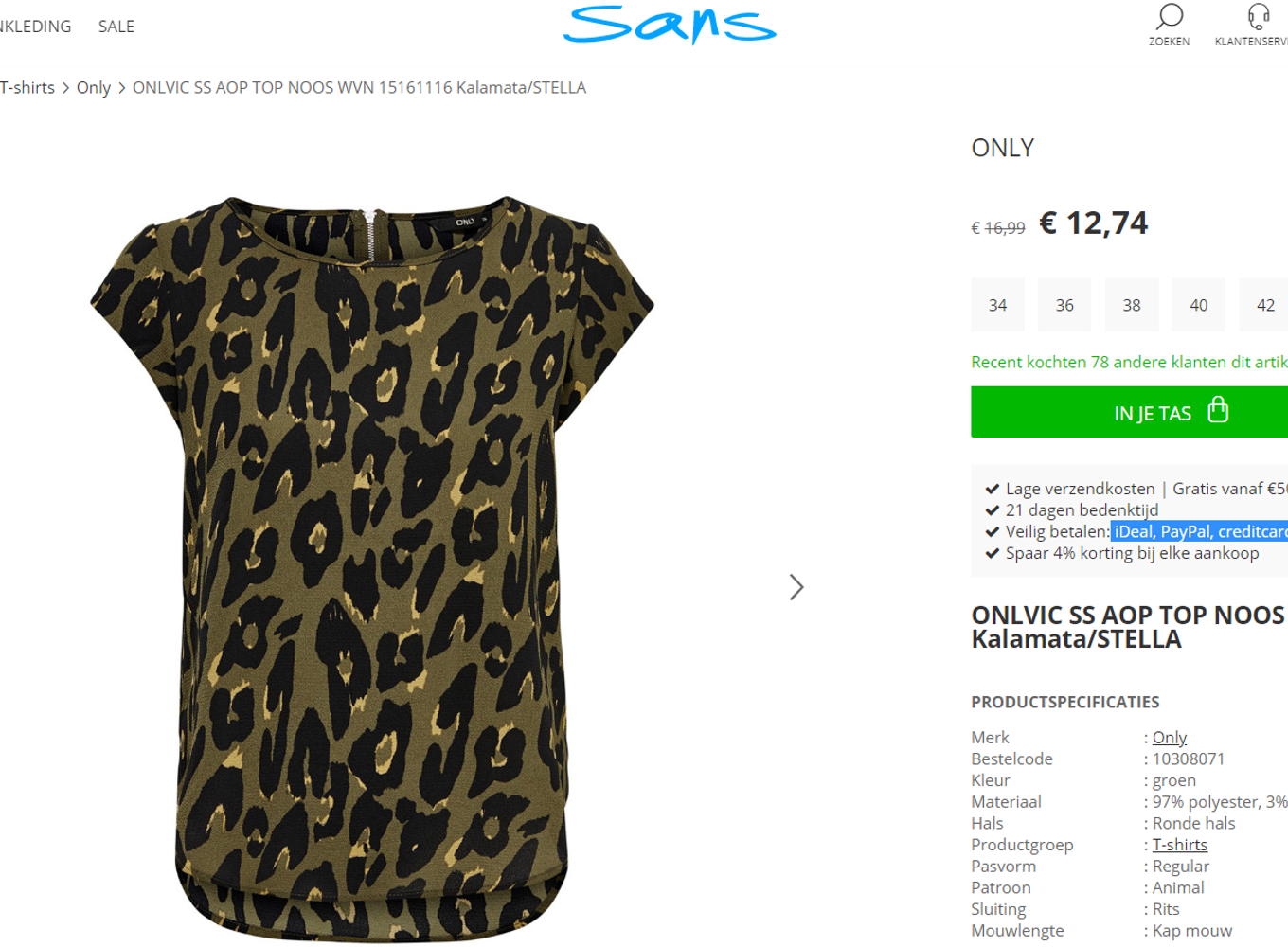 Afbeelding: het panterprint T-shirt van ONLY op de website van Sans-Online is een bestseller, het werd in totaal bijna 1000 keer verkocht.